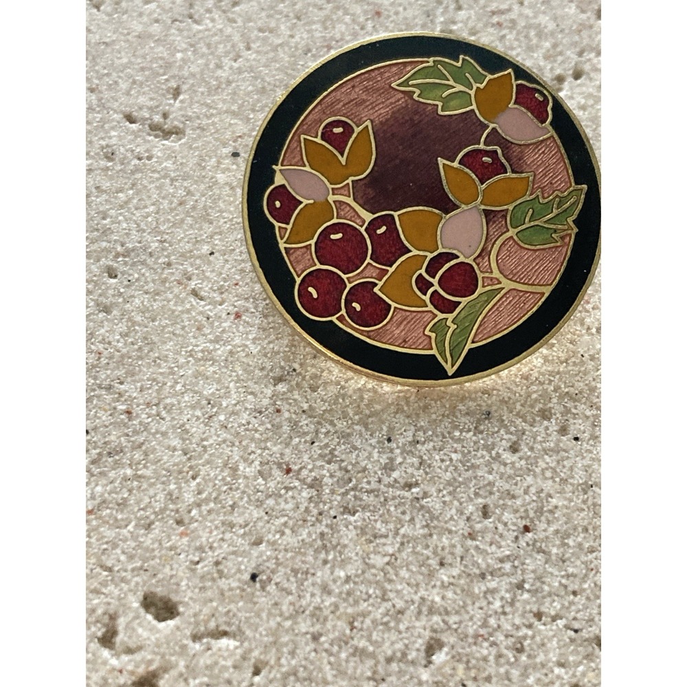 Round Enamel Brooch Cloisonne Style Berry Flower Black Border Small Romantic - Picture 2 of 6